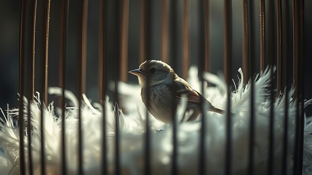 flightless. Small bird inside iron cage with scattered feathers, dramatic lighting, melancholic scene. wildlife magazines, conservation campaigns, designed for nature documentaries and education.