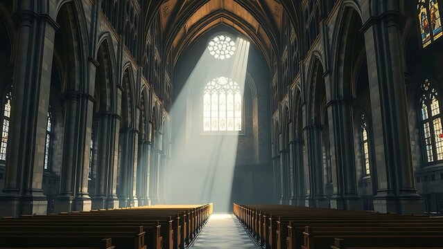 selfawareness. Vast empty cathedral interior with a sunbeam streaming through a stained glass window. event programs, museum guides, designed for cultural heritage projects and event programs.