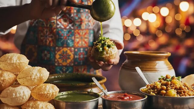 Chef Preparing Traditional Indian Pani Puri Street Food Close Up