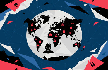 Global cyber threat illustrated by a world map with locked continents and a shadowy hacker figure beneath a digital storm of polygons, signifying worldwide digital insecurity and a pervasive security.