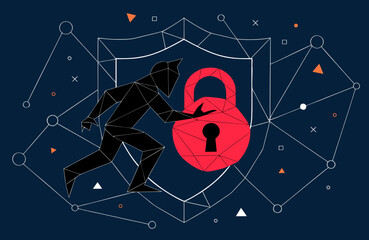 Silhouetted figure crafted from geometric polygons actively reaching towards a large red shield with a padlock icon, representing cybersecurity and protection against digital intrusion.