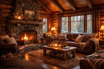 Fototapeta premium Cozy log cabin living room interior with warm rustic decor illustration