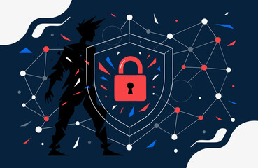 Silhouette of a person stands guard, protecting a glowing shield with a red padlock against a backdrop of a digital network and abstract shapes, symbolizing digital security and cyber defense.