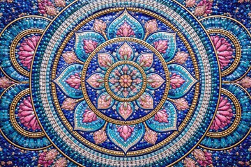 Fototapeta premium Close up of a vibrant mosaic artwork featuring symmetrical circular patterns in vivid blue and pink hues on a textured wall