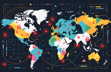 Worldwide digital security represented by a geometric world map overlaid with red padlock symbols, signifying the critical importance of data protection and network integrity globally.