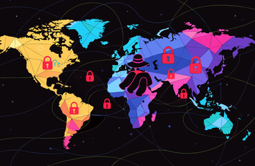 International cybersecurity concept illustrated with a world map in vibrant colors, displaying numerous digital padlock icons and a suspicious figure in a hat symbolizing threat actors.