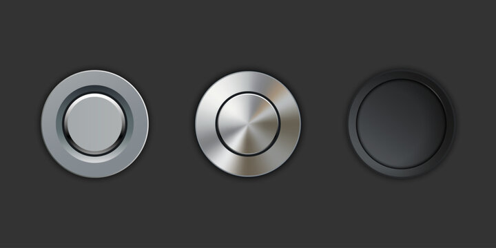 Vector set of glossy black and metallic round buttons with chrome frames. Realistic 3D design elements for web and app UI UX.