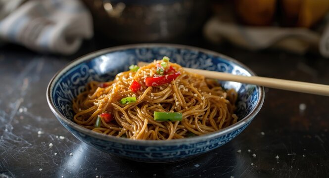 Traditional Filipino homemade pansit chow mein in a rustic kitchen