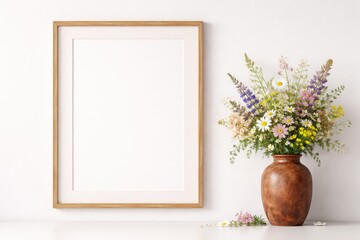 Fototapeta premium panorama of an empty frame with field flowers in a rust colored vase on a white background