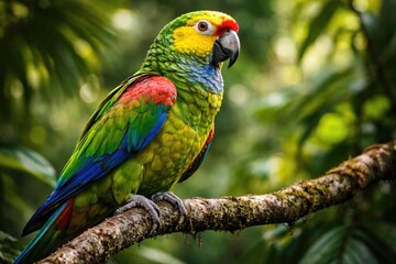 Fototapeta premium Colorful Amazona Parrot Perched on a Branch in Lush Greenery