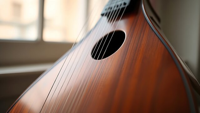 pipa. A close-up of an elegant rosewood pipa with four silk strings, showcasing its graceful curves and rich wood grain. event programs.