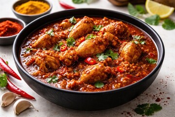 Fototapeta premium Spicy Indian Chicken Madras Curry served in a black bowl on white surface
