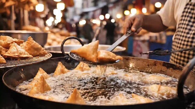 Indian Street Food Vendor Deep Frying Fresh Samosas in Hot Oil