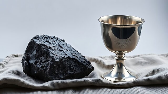 ore. Raw silver ore next to a polished silver goblet on textured cloth, contrasting textures. safety posters, maintenance manuals, designed for industrial assembly lines and welding operations.