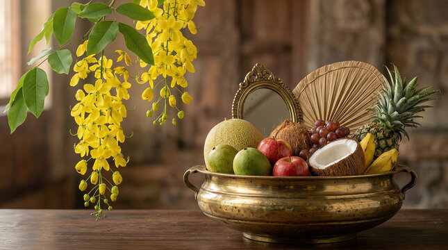 Traditional Vishukkani arrangement in Uruli with fruits, coconut, and Aranmula Kannadi, adorned with Kanikkonna flowers in a Kerala heritage home, celebrating Vishu festival and prosperity.