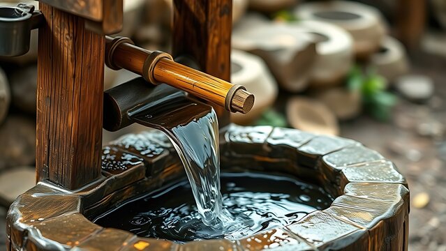 wellhead. Ancient wooden wellhead with bamboo pipe channeling water into stone trough. travel magazines, destination branding, designed for travel destination branding, elevates destination branding.