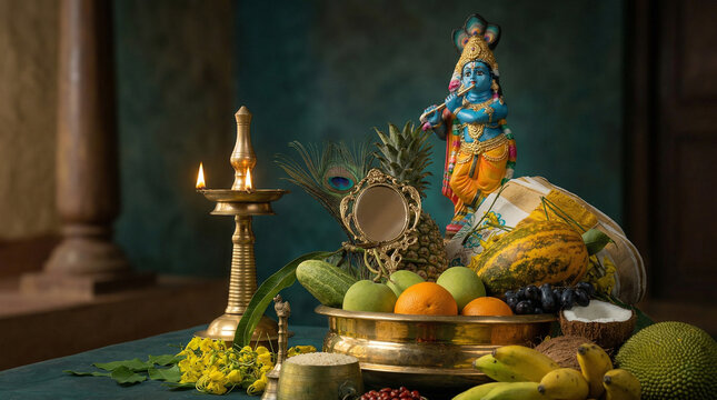 Traditional Vishukkani arrangement in Uruli with fruits, coconut, and Aranmula Kannadi, adorned with Kanikkonna flowers in a Kerala heritage home, celebrating Vishu festival and prosperity.