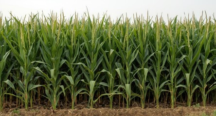 Fototapeta premium Tall maize stalks with lush leaves growing in open farmland