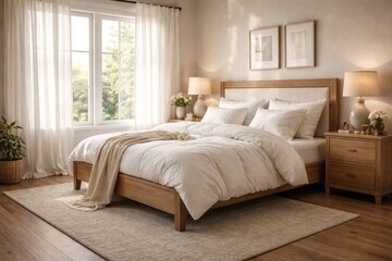 Fototapeta premium Comfortable bedroom featuring soft white linens on a wooden frame bed