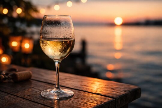 A glass of refreshing white wine on a calm evening with copy space