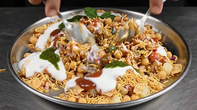 Traditional Indian Street Food Chaat with Yogurt and Chutneys