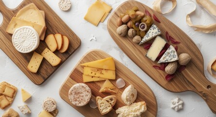 Fototapeta premium Selection of French cheese types displayed on wooden boards with assorted slices and shapes over a white surface for culinary and food styling use