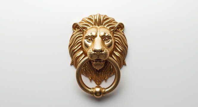 Decorative gold lion head door knocker isolated on bright white studio surface
