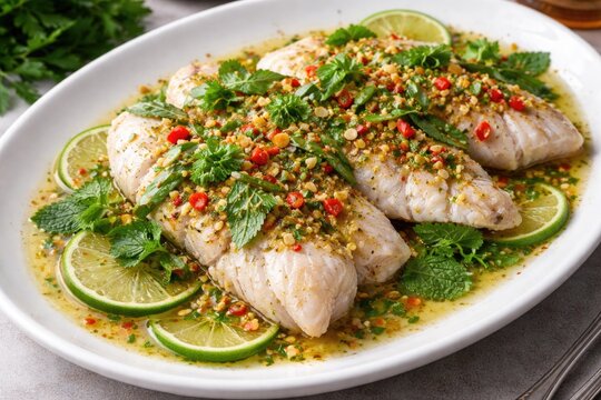 Steamed Basa Fish Fillets with Spicy Lime Dressing and Fresh Herb Garnish on White Plate