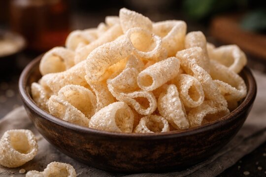 Crispy white fryums snack in a bowl with a selective focus effect