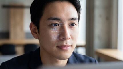 Obraz premium Young Asian Professional with AI Light Reflections in Workspace