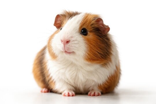 Happy guinea pig sitting and gazing rightward on a clean white backdrop