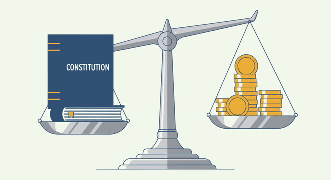 Justice and wealth concept with constitution book and gold coins on balance scale