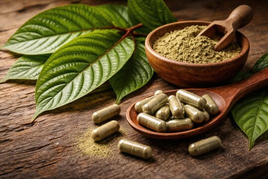Natural kratom leaves and capsules displayed on a rustic wooden surface highlighting health benefits of Mitragyna speciosa