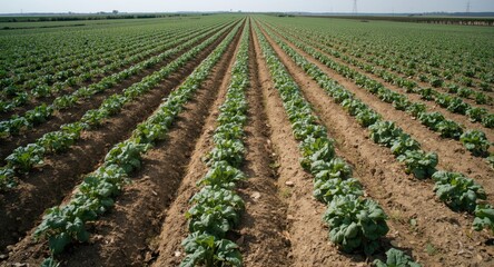 Tidy rows of sugar beets growing in rich soil on an expansive farm field with copy space