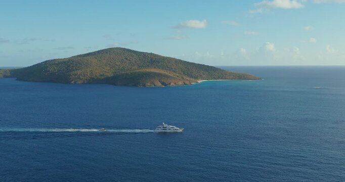 Luxury Cruise Ship Across The Hans Lollik Island In The United States Virgin Islands. Aerial Shot
