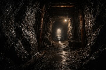 Fototapeta premium Dark narrow salt mine tunnel with faint light illuminating rough walls