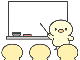 ホワイトボードで説明するひよこの手書きイラスト © Nitomaru