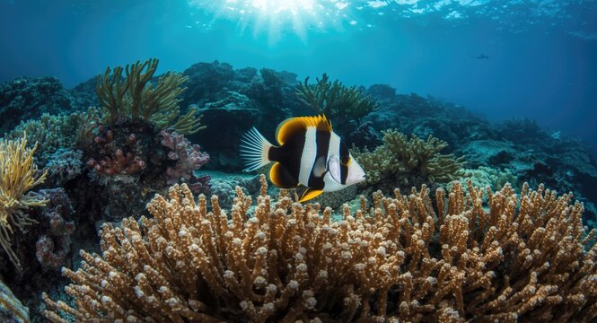 A spirited queen angelfish dancing along a diverse coral lawn in the full length summer sunlight