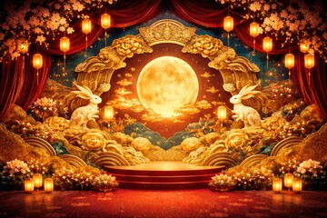 Obraz premium Mid Autumn Festival stage featuring gold paper cut art with traditional Asian motifs on vibrant background