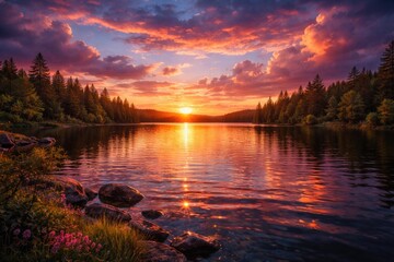 Fototapeta premium Serene Lake Reflecting Colorful Sunset Sky with Trees and Flowers