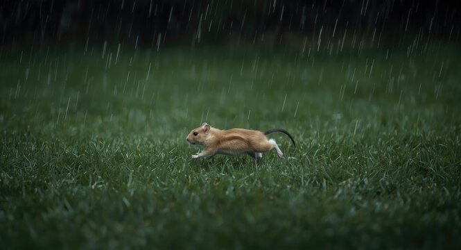 Lively hamster scampering across a full length wet lawn under dark skies