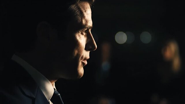 Man in suit with business, profile, and night.