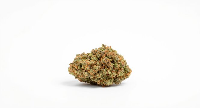 Medical cannabis nug of a specific strain shown clearly against white surface