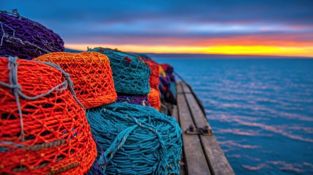 Colorful fishing nets stacked on a wooden dock with a serene sunset over the water