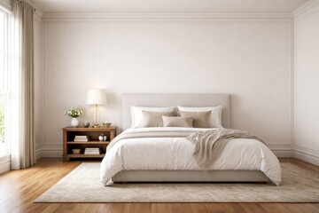 Fototapeta premium Elegant bedroom interior with hardwood floor and white bed featuring a side bookshelf and lamp copy space wall mockup