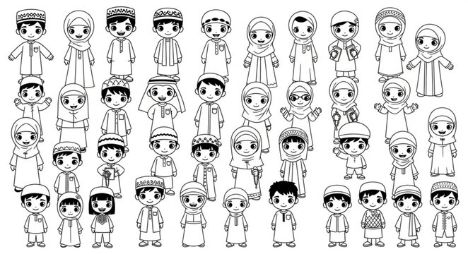 Collection of Cartoonish Arab Boys in Traditional Attire.