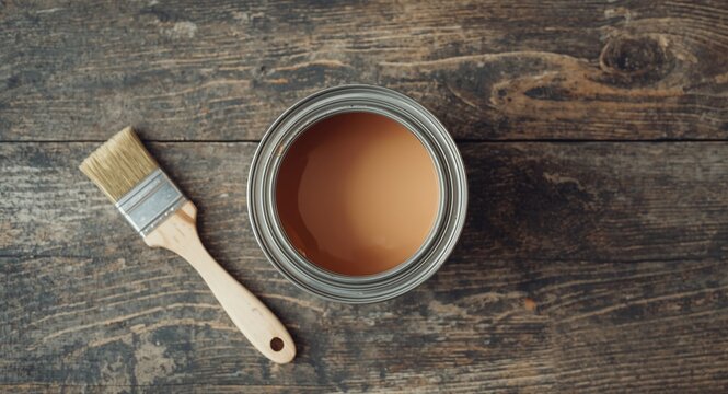 Top view of an open paint can with a used paint brush resting beside it on a wooden surface