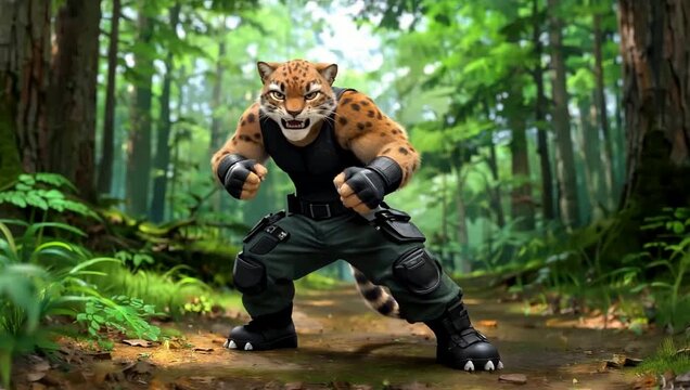 Anthropomorphic Ocelot Warrior in Tactical Gear Standing in Forest