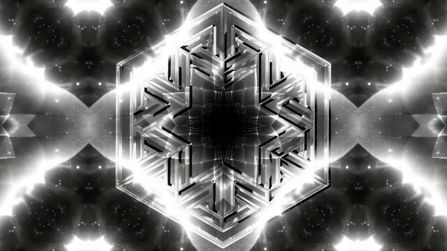 Seamless 4K60 loop. Intricate 3D nested hexagram over a dynamic kaleidoscope morphing through bright white, deep copper, and neon blue. Ideal for horizontal or vertical VJ sets and events.