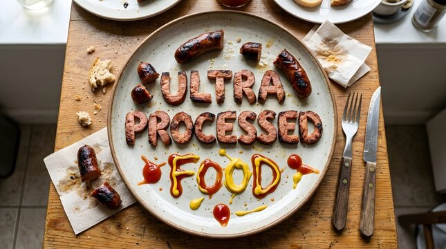 Sausages arranged on a plate to spell 'ULTRA PROCESSED FOOD' with ketchup and mustard, highlighting modern dietary concerns.